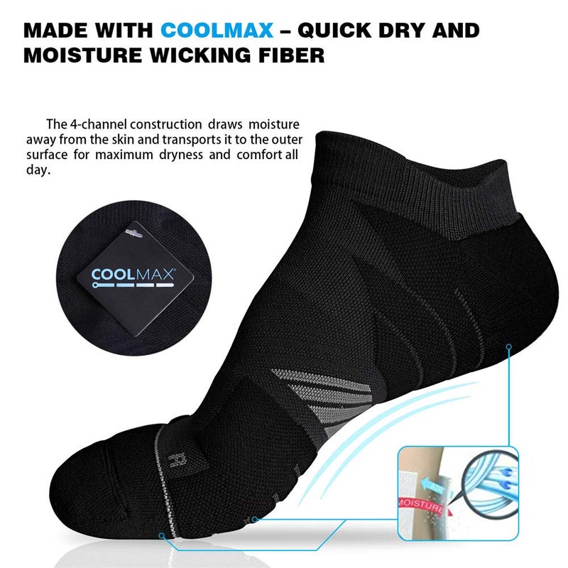 Hylaea Running Socks for Men, No Show Athletic Socks with Coolmax Cushion Padded, Blister Resistant, Moisture Wicking, ideal for Walking, Golf, Sport, Workout, Breathable, Black, 3 Pairs, X-Large - Image 3